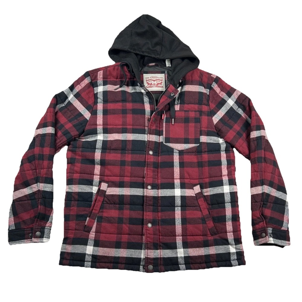 Levis Jacket Men L Lined Quilted Flannel Hooded Shacket Chore Barn Utility Plaid